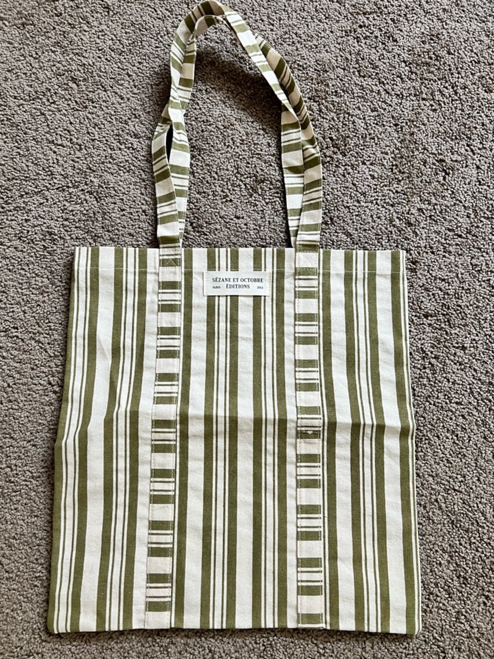 Sezane Olive Green and Cream Striped Canvas Tote